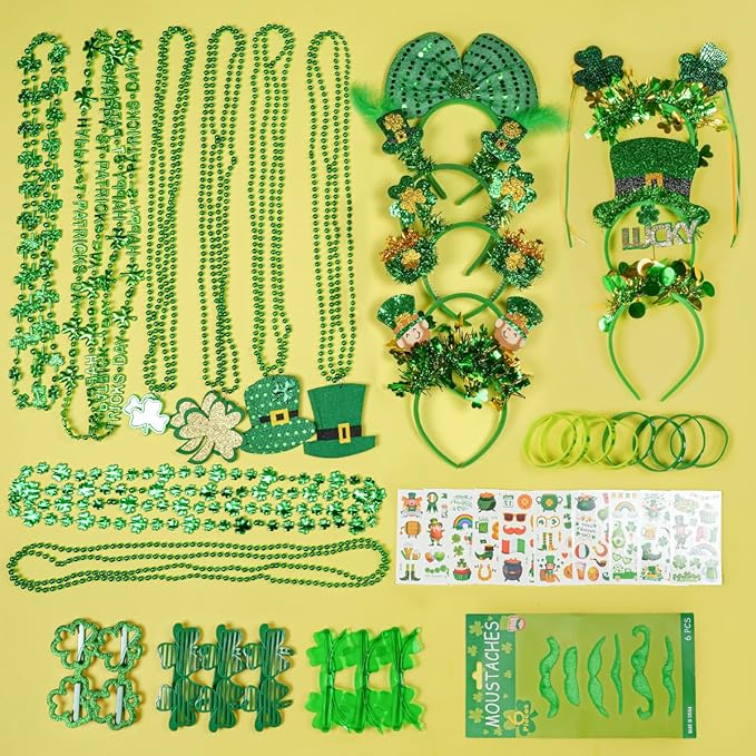 146 PCS St. Patrick's Day Accessories Party Favor Set, Shamrock Headbands, Clover Glasses, Bead Necklaces, Rubber Bracelets, Temporary Tattoos & Mustaches, Irish Green St Patrick’s Day Party Supplies
