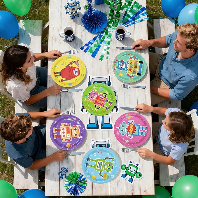 60Pcs Robot Birthday Party Decorations 9 Inch Disposable Heavy Duty Robot Birthday Paper Plates Cartoon Robots Funny Colorful Dessert Themed Plates for Boys Kids Baby Shower Game Party Supplies