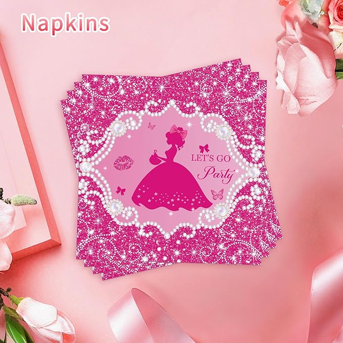 96Pcs Let's Go Party Plates & Napkins, Princess Birthday Party Tableware Set, Pink Disposable Plates, Forks, Bachelorette Girl Napkins for 24 Guests