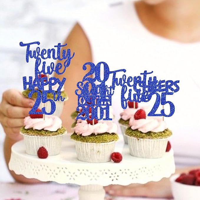 30 PCS 25th Birthday Cupcake Toppers Glitter Twenty Five Happy 25 Straight Outta 2001 Cupcake Picks for Cheers to 25 Fabulous 25th Birthday Anniversary Party Cake Decorations Supplier Blue