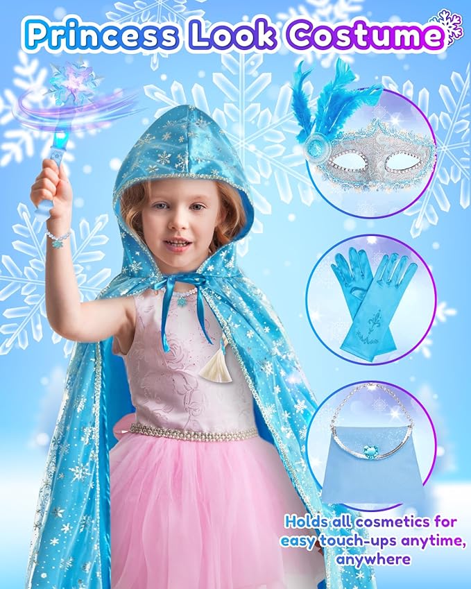 Frozen Toys for Girls-Princess Dress Up Set, 3 Lighting Mode Princess Cape, Music & Light Up Wand, Kids Makeup Kit, Wig, Mask, Gloves, Dress-up Accessories for Princess Cosplay Costume for Girl Age 3+