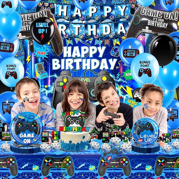 Video Game Birthday Decorations,Game Party Decorations,Backdrop,Plates,Napkins,Latex and Foil Balloons Tablecloth,Party Supplies for Boys Adults.