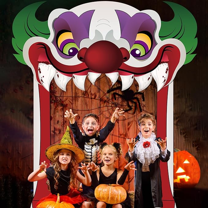 Halloween Clown Party Door Banner Creepy Clown Theme Door Hanging Decoration Horror Clown Scary Stand Up Background Banner for Carnival Halloween Party Photo Booth Props Favor Supplies