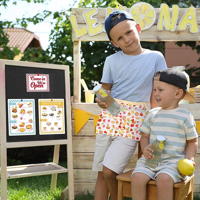 7 Pieces Restaurant Server Play Toys Set Pretend Play Restaurant Food Kids Waitress Set Pretend Restaurant Menus with Play Kitchen Dress Up Clothes for Toddler Girls Boys Party Learning Birthday Gift