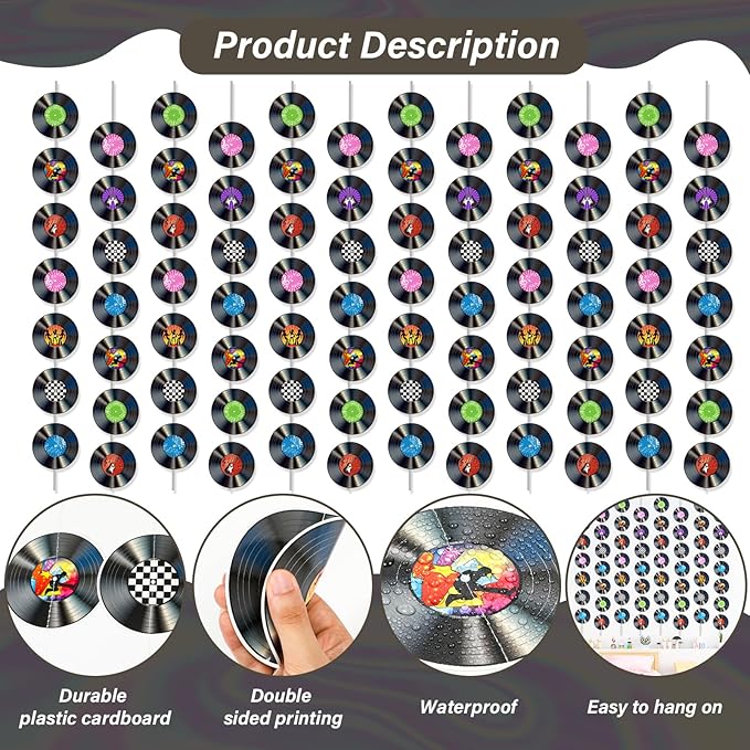 12 PCS Vinyl Records Banners 50's Party Decorations Music Record Hanging Swirl 1950's Party Garland Kit Vinyl Retro Party Supplies Streamer Cutouts for 50s 70s 90s Theme Door Home Party Favor