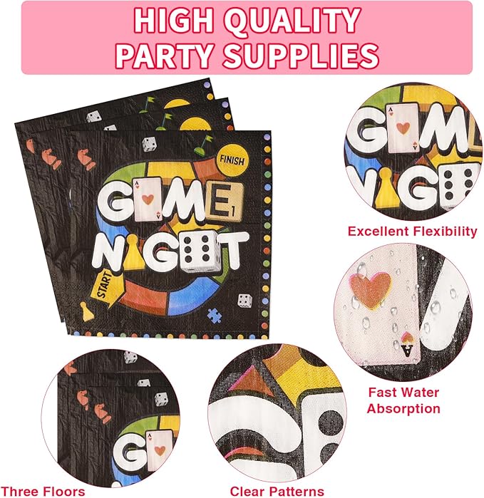 Grencian 96Pcs Family Game Night Party Supplies Family Game Plates and Napkins Disposable Gaming Paper Tableware Set for Birthday Kids Adults Gaming Night Party Decorations, Serves 24