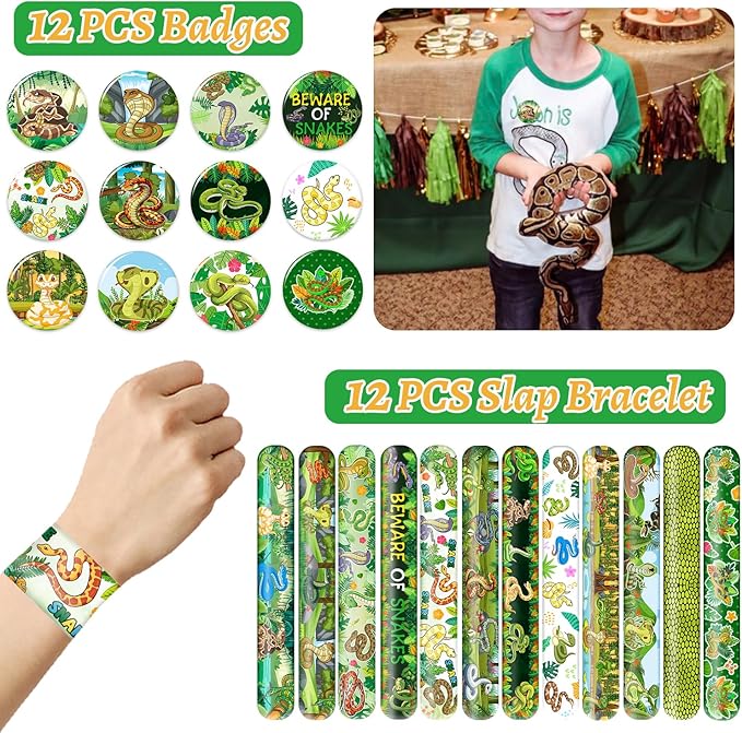 110 Pcs Snake Party Favors, Snake Temporary Tattoos Slap Bracelets Keychains Stickers Badges Snake Toy for Snake Birthday Party Decorations Supplies Gifts for Kids Classroom Rewards