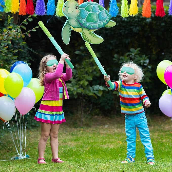 Aoriher Sea Turtle Piñata with Stick Blindfold & Confetti - Birthday Party Favors Decorations for Animal Theme Party Supplies Toys Outdoor Games, 15 x 13 x 3.2 Inch