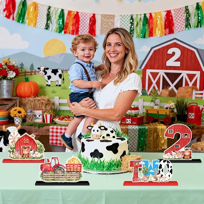 4Pcs Farm Animal 2nd Wooden Table Centerpieces Farm Barnyard Happy 2nd Birthday Table Sign Party Supplies for 2 Years Old Baby Shower Boys Girls Birthday Party Supplies Decor Photo Props Kids