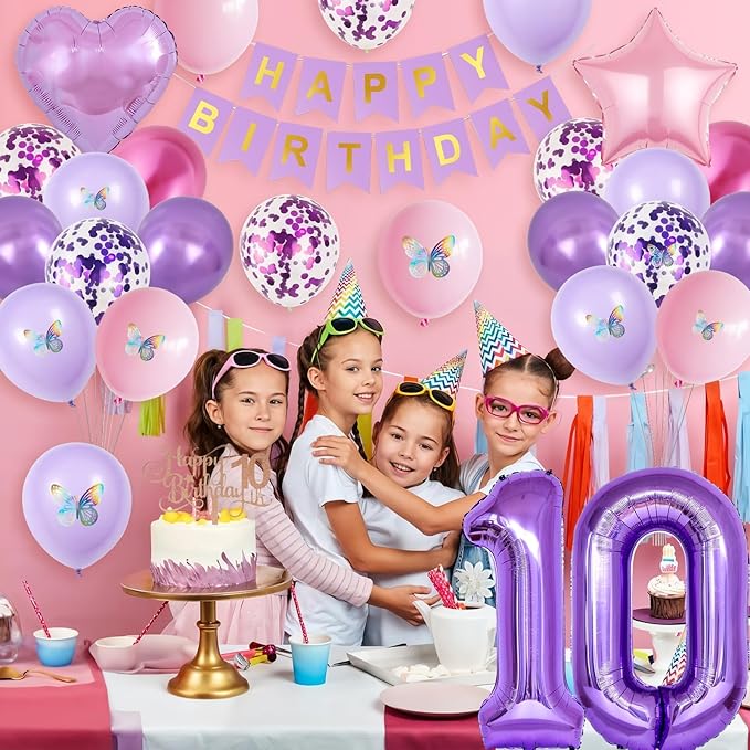 10th Birthday Decorations for Girl,Pink Purple 10th Butterfly Birthday Decorations 10th Birthday Balloons Pink Purple Birthday Banner Number 10 Balloons Cake Topper Butterfly Party Supplies for Girls