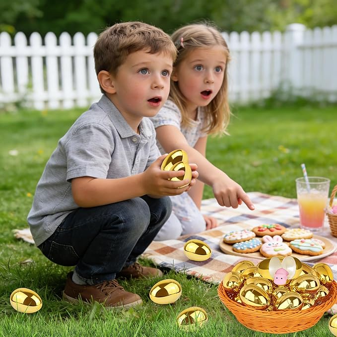 36 Pack Gold Easter Eggs, 2.4 Inch Metallic Plastic Empty Golden Eggs Fillable for Easter Eggs Hunt, Easter Basket Stuffers Fillers, Classroom Prize Supplies, Filling Treats and Party Favors