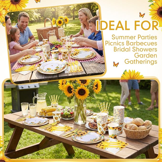450 Pcs Sunflower Birthday Tableware Set Decorations Floral Paper Plates Napkins Cups Cutlery Straws for Yellow Birthday Wedding Bridal Shower Baby Shower Decorations, Serves 50