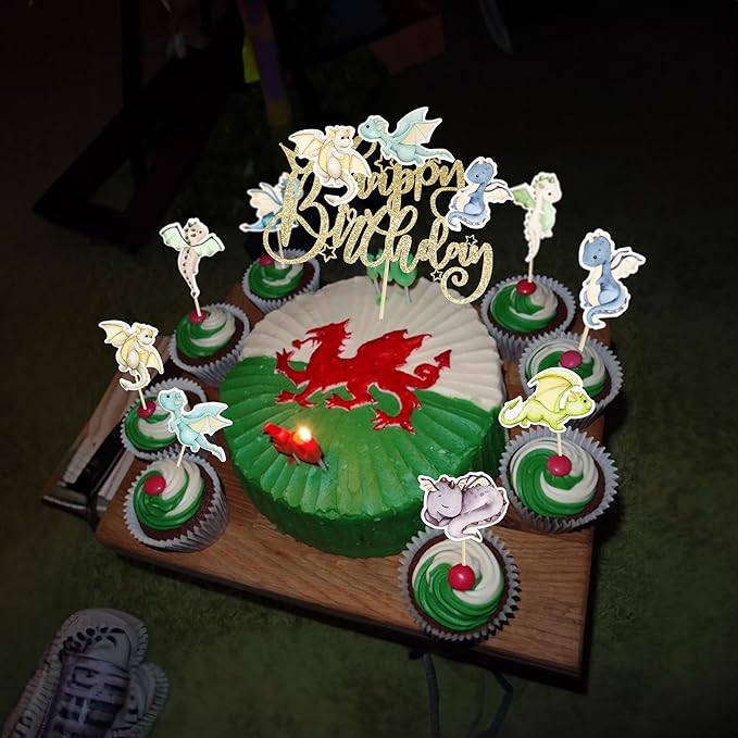 Ephlyn 37Pcs Dragon Party Cupcake Toppers Dragon Birthday Party Cake Topper Decorations Fantasy Dragon Cake Decorations for Flying Dragon Baby Shower Supplies