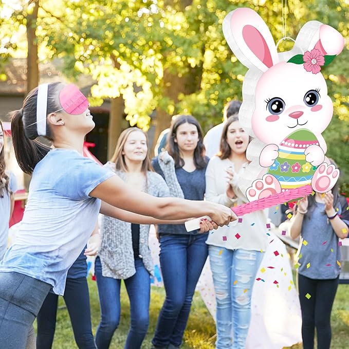 Hooqict Easter Egg Pinata Bunny Pinata with Blindfold and Bat Stick for Girls Spring Happy Easter Party Games Bunny Birthday Party Decorations Sunday Celebration Supplies