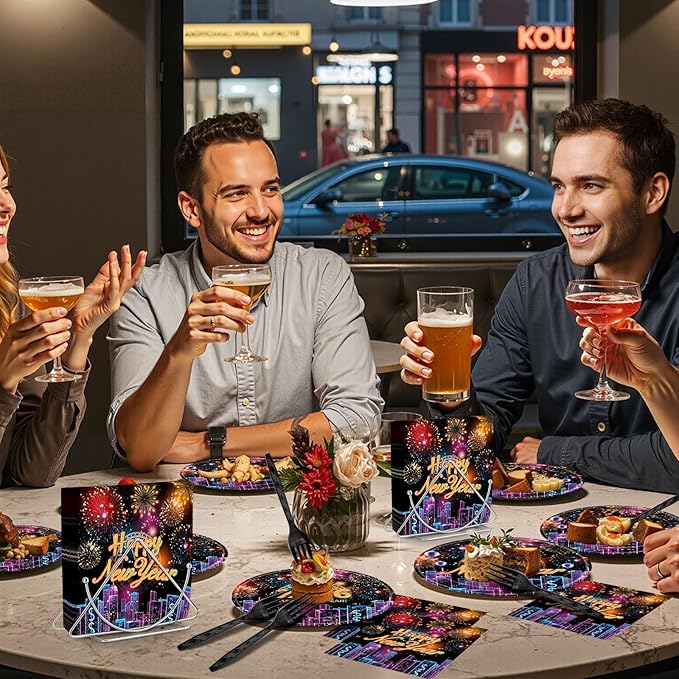 96 Pieces Happy New Year 2026 Tableware Set – Fireworks and City Night Skyline Disposable Plates, Napkins, and Forks for New Year’s Eve Parties, Countdown Celebrations – Serves 24 Guests