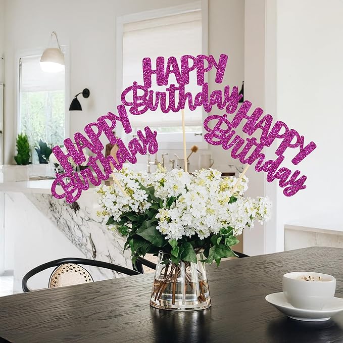 Gyufise 12Pcs Happy Birthday Centerpieces Sticks Double Sided Glitter Birthday Party Decorations Anniversary Table Flower Centerpiece for Celebrating Party Supplies Purple