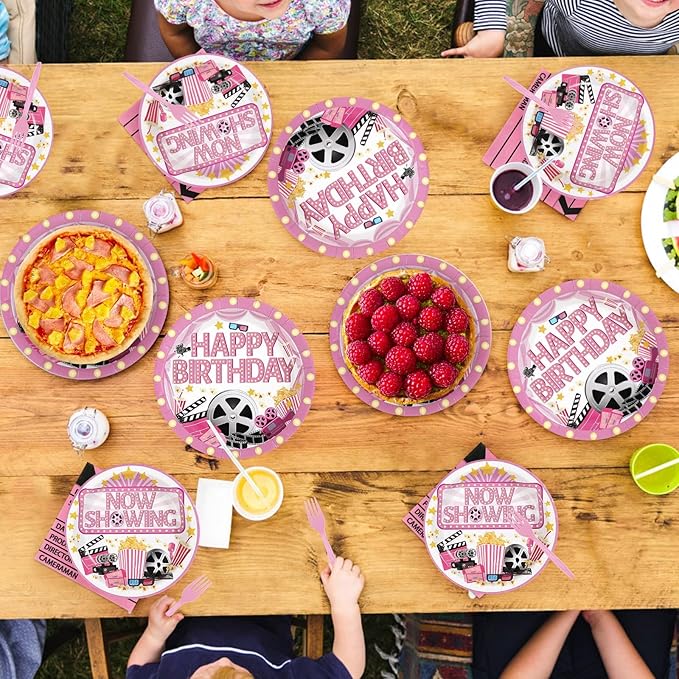 Grencian 96Pcs Movie Night Party Decorations Pink Movie Plates and Napkins Disposable Camera Popcorn Theater Paper Tableware for Girls Film Festival Birthday Film Theme Party Supplies, Serves 24