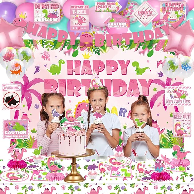 Girl Dinosaur Party Supplies, 206Pcs Pink Dinosaur Dino Themed Bday Party Decor Decorations for Girls - Backdrop, Banner, Tablecloth, Centerpieces, Plates, Stickers, Wall Signs