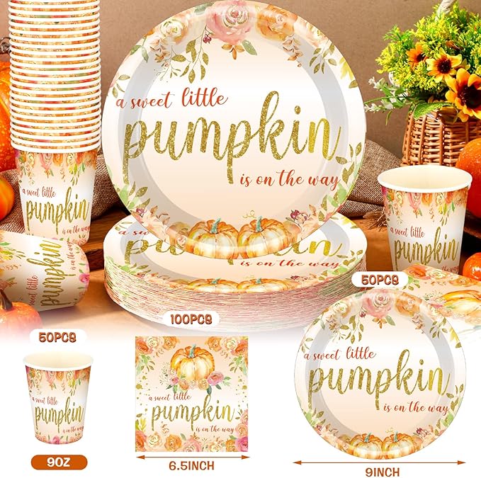 Hushee 200 Pcs Little Pumpkin Baby Shower Paper Plates Napkins Cups Baby Shower Party Supplies Tableware Set Yellow Disposable Cup Napkin for 50 Guest Autumn Thanksgiving Party Decoration