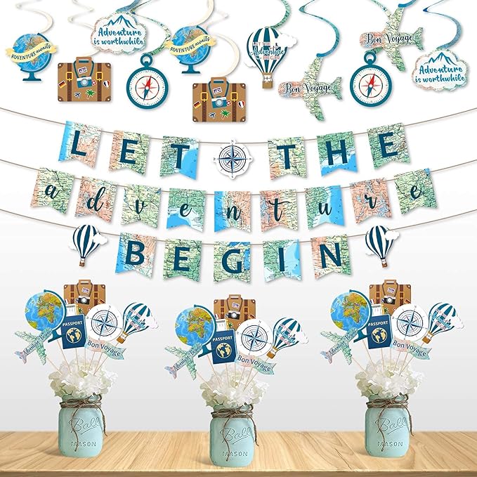 Yaaaaasss! 52pcs Travel Themed Party Decorations Let the Adventure Begin Banner Hanging Swirls Table Toppers for Bon Voyage Travel Around The World Adventure Farewell Travel Party Supplies