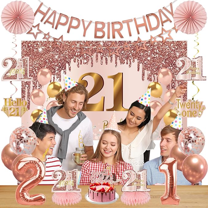 21st Birthday Decorations for Girls, Pink Rose Gold Happy 21 years old Birthday Banner Backdrop Balloons Sash Table Cake Topper Honeycomb Centerpieces Hanging Swirls Paper Fans Party Supplies