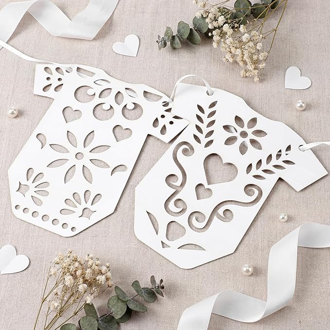 4 Set Cielito Lindo Baby Shower Garland 48 Pcs White Papel Picado Party Decorations Mexican Lace Baby Bodysuit Banner Card with Hanging String for Gender Neutral Party Supplies