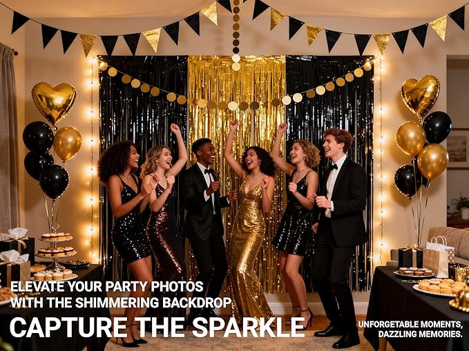 3 Packs Black and Gold Foil Fringe Curtains, Birthday Decorations Backdrop Graduation Tinsel Steamer, Retirement Farewell Engagement Wedding Bridal Shower Party Decorations