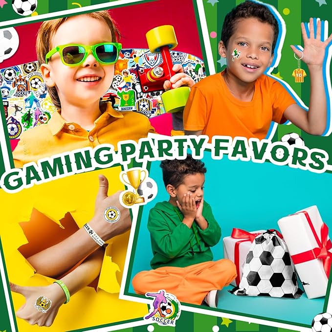 110Pcs Soccer Party Favors Drawstring Bags Soccer Goodie Bag with Mini Ball, Wristband, Slap bracelets, Keychains, Stickers for Soccer Party Supplies