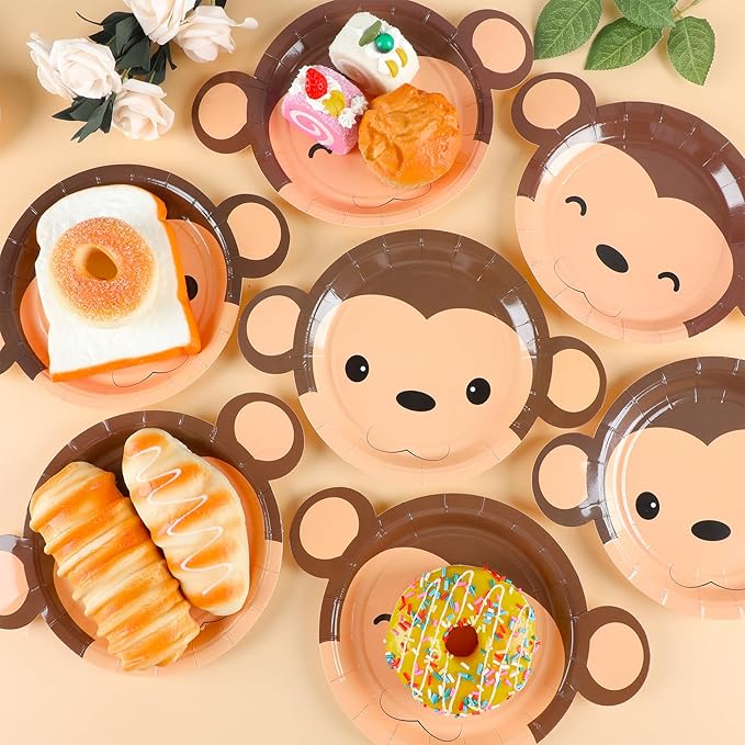 50 Count Monkey Paper Plates Zoo Monkey Shaped Disposable Party Supplies Jungle Safari Party Cake Dessert Plate Animals Theme Dinnerware for Gender Reveal Boy Girl Baby Shower Birthday Decorations