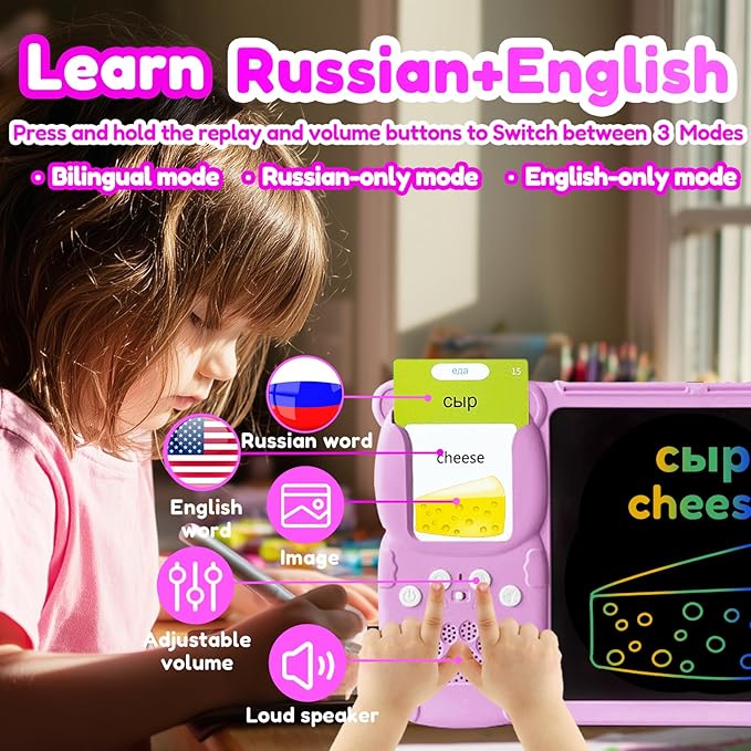 Drawing Tablet with Bilingual Flashcards for Kids - Russian English Talking Flash Cards, LCD Writing Pad Board, Pocket Speech for Toddlers, Learning Toy Gift for Boys Girls (Russian, Pink)