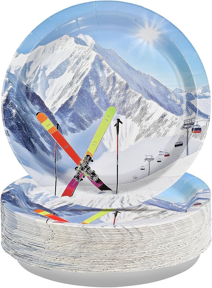 50Pcs Winter Ski Paper Plates 9 Inch Heavy Duty Disposable Skiing Snowy Mountain Dessert Plates Winter Mountain Ski Sport Adventure Decorations for Boys Girls Skier Birthday Holiday Party Supplies