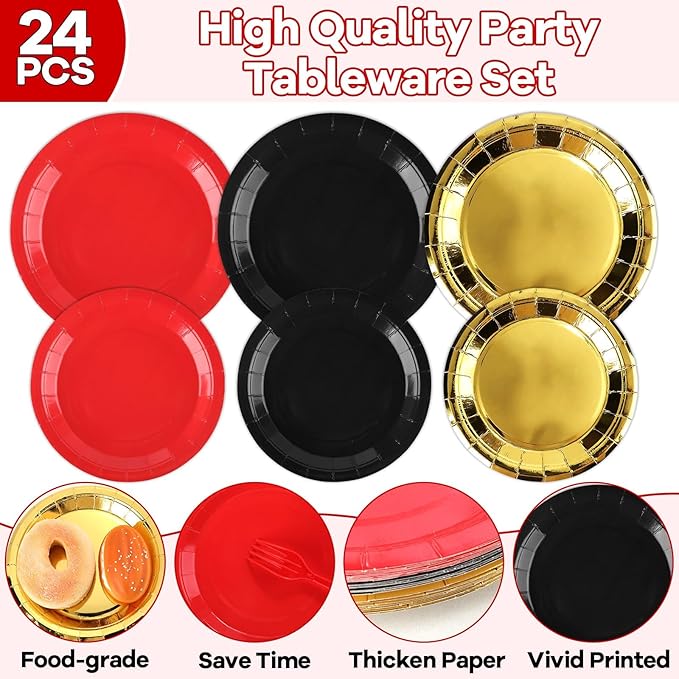 96PCS Red Black and Gold Paper Plates Napkins and Forks Black Red Metallic Gold Birthday Party Disposable Supplies Casino Theme Tableware Set for Poker Las Vegas Game Movie Night Party Decorations