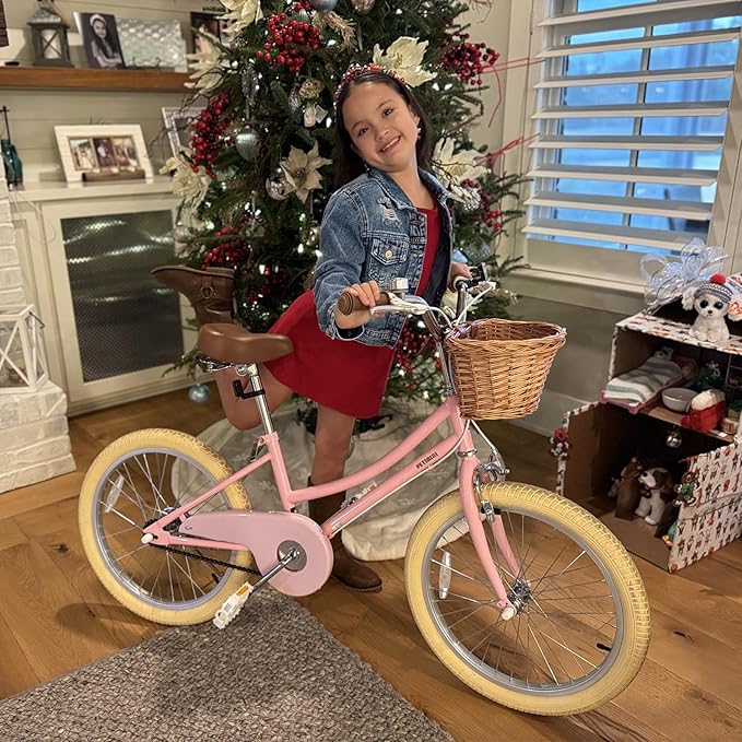 Petimini Vintage Kids Bike for Girls, 12–20 Inch Classic Bicycle with Wicker Basket & Bell, High Tensile Steel Frame, Training Wheels (12–18”), 85% Pre-Assembled, Retro Bike for Outdoor Riding