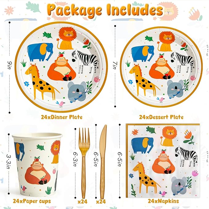 144Pcs Jungle Animals Birthday Party Supplies Decorations Animal Themed Paper Plates Napkins Vintage Party Tableware Disposable Dinnerware for Girl Boy Kid Birthday Baby Shower Table Decor, Serve 24