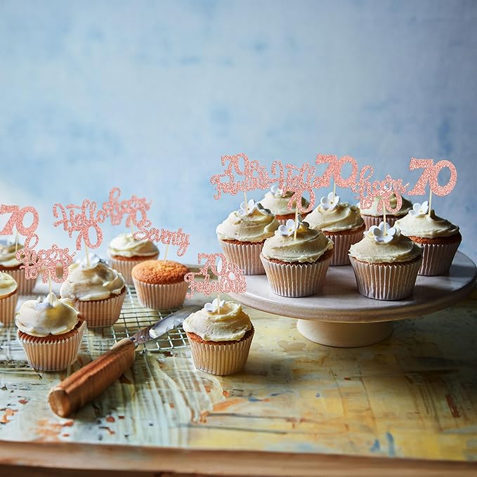 30Pcs Happy 70th Birthday Cupcake Toppers Seventy Cheers to 70 Years Old Birthday Cupcake Picks for 70th Anniversary Party Cake Decorations Supplies Rose Gold Glitter