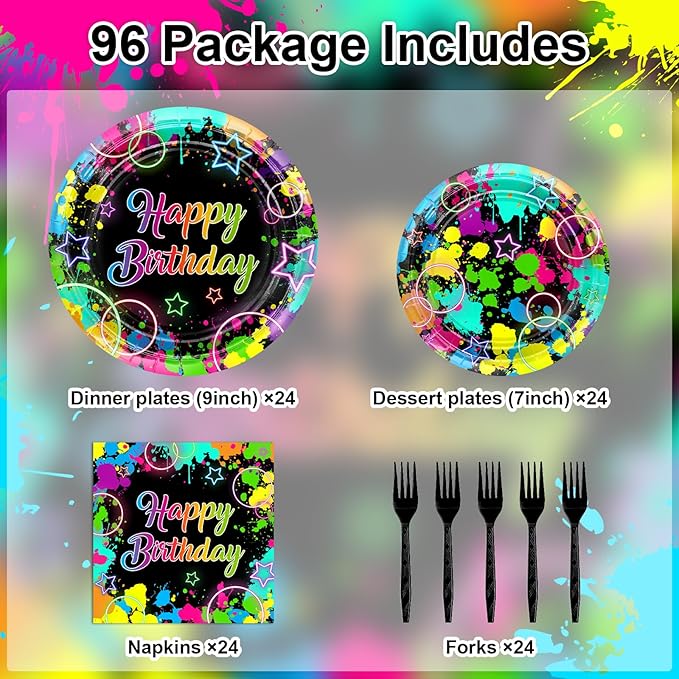 Avezano 96 PCS Neon Birthday Party Decorations Glow Neon Happy Birthday Plates Napkins Tableware Glow in the Dark Party Supplies, Serves 24