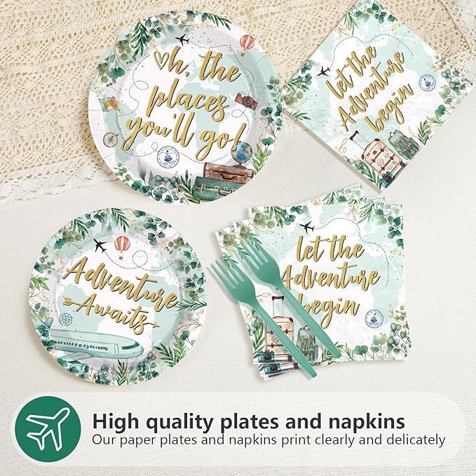 96Pcs Adventure Awaits Party Decorations Greenery Eucalyptus Travel Themed Plates and Napkins Let The Adventure Begin Baby Shower Party Decorations for Voyage Farewell Birthday Supplies Serves 24