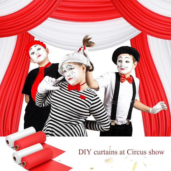 Moukeren 40'' x 100' Circus Tablecloth Roll Plastic Tablecloth Disposable DIY Carnival Tent Party Supplies for Big Top Tent Backdrop Curtains Ceiling Wall Drapes(White, Red,4 Roll)
