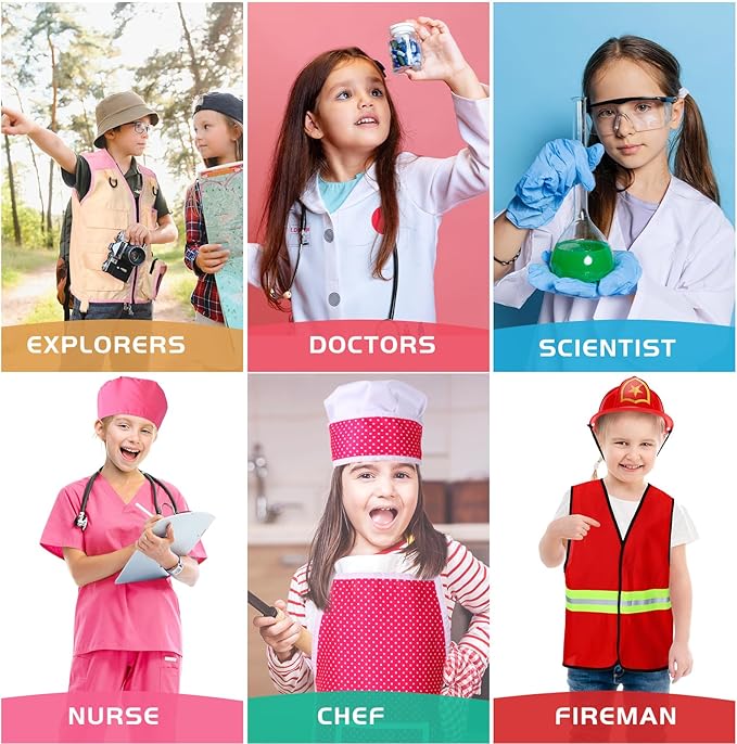 Vicenpal 5 Sets Kids Dress up Clothes Doctor Kids Explorer Costume Lab Coat Chef Outfit Fireman Costume with Accessories Set Toddler Children Cosplay