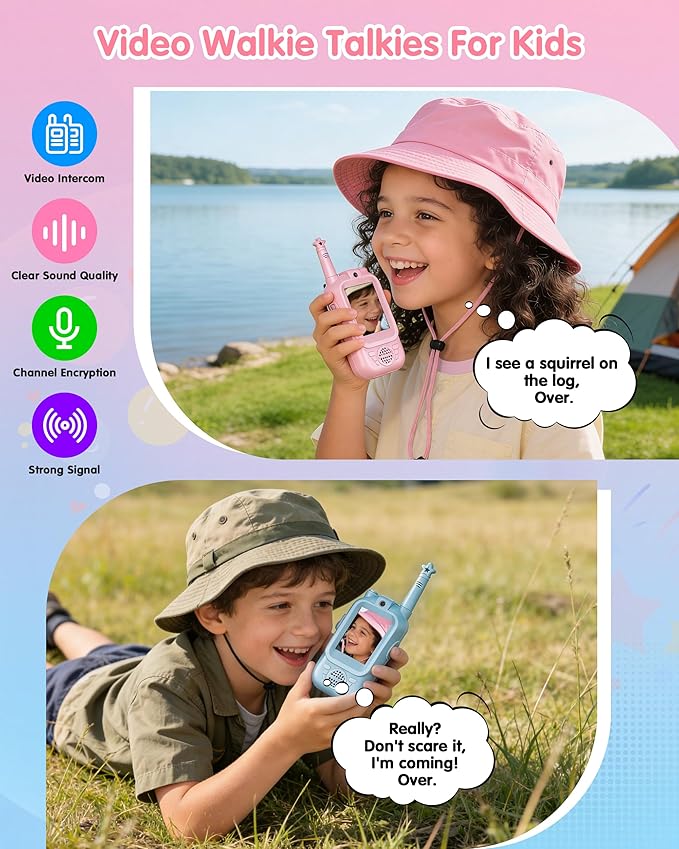 Video Walkie Talkies for Kids, 2 Pack Rechargeable Long Range Video Intercom Kids Walkies Talkies with Camera, Indoor Outdoor Toys for Family Games, Outside, Camping, Hiking for Boys Girls Ages 3-12