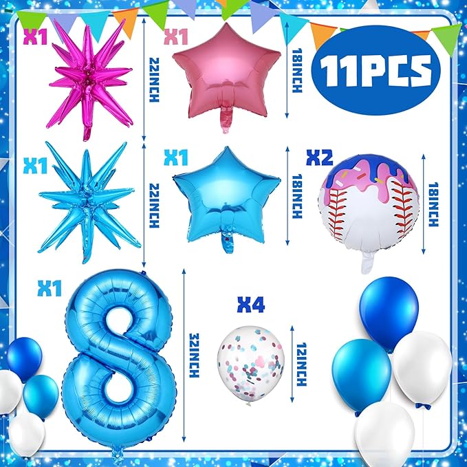 11 Pcs Ice Cream Drip Baseball Birthday Party Decorations 8th Baseball Balloons Birthday Decoration Sports Theme Party Supplies 32 Inch Foil Number 8 Balloon for Summer Ice Cream Camping Baby Shower