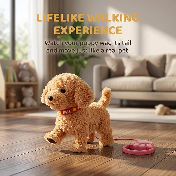 Wuffy Interactive Robot Dog Toy for Kids, Realistic Walking Plush Puppy with Touch Sensor, Voice Mimic & Licking Motion, Leash Remote Control, Screen-Free Pet for Ages 3+