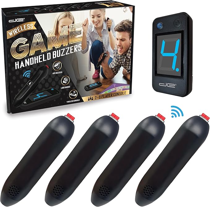 Digital Energy Wireless Handheld Game Buzzer System - Console Displays First Buzz-in - Great for Jeopardy, Family Feud, Trivia and Buzzer Games - 4 Joystick Buzzers