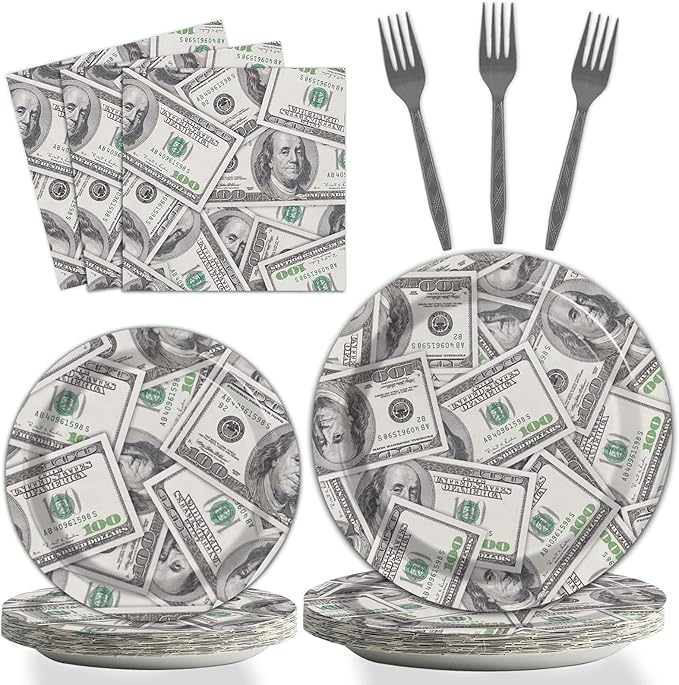 96 Pieces Money Hundred Dollar Bills Supplies One Hundred Dollar Birthday Party Tableware Set Bill Dinnerware Decorations for Adult Teens Kids Dollars Bill Disposable Paper Goods 24 Guests