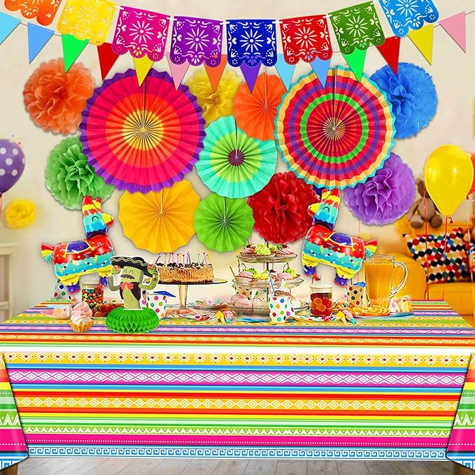 [ 7 Varieties ] 33Pcs Cinco De Mayo Fiesta Party Decorations, Mexican Themed Party Supplies, Paper Fans Pom Poms Table Cover Llama Balloons Pennant Papel Picado Banner Honeycomb Table Decor