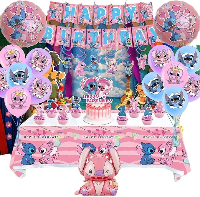 101PCS Stitch Party Supplies, Birthday Decorations Set Include Banner, Balloons, Stickers, Hanging Swirls, Cake Cupcake Toppers, Tablecloth for Girls Pink Stitch Theme Party