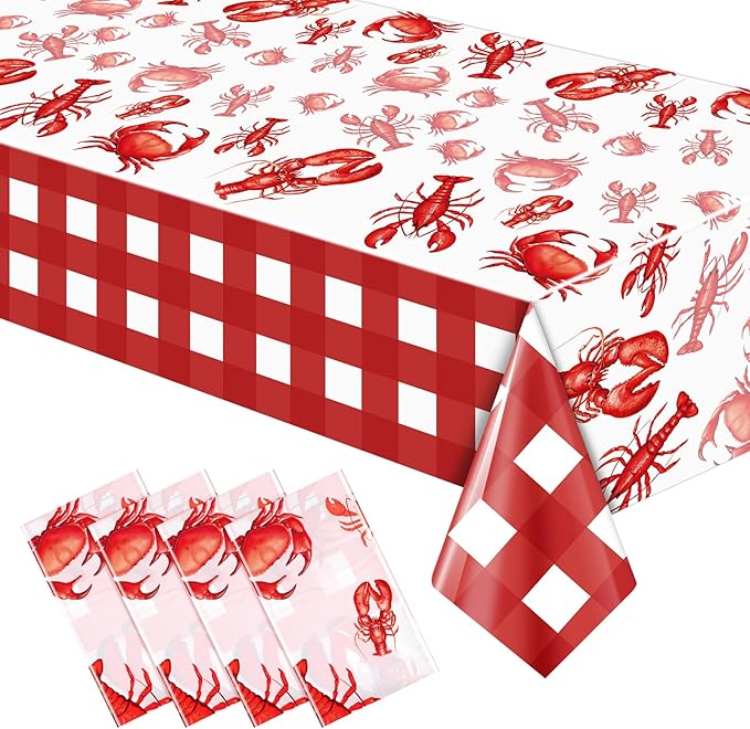 4 Pcs Crawfish Tablecloth Disposable Birthday Party Lobster Table Covers 108 x 54 Inches White and Red Plastic Lobster Table Cloth for Crawfish Boil Party Supplies