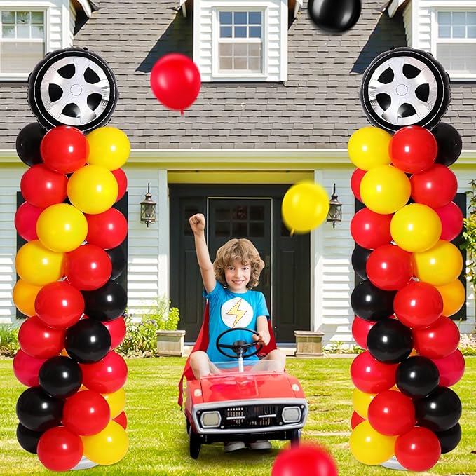 Ctosree 133 pcs Race Car Party Balloons Stand Kit Car Race Balloons Party Supplies Red Black Yellow Decoration