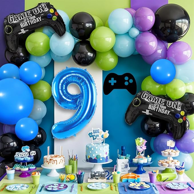 9th Birthday Video Game Balloons Arch, 9th Party Balloons Garland Kit 9th Game Birthday Supplies with Blue Number 9 Balloon Game Foil Balloons for 9 Year Old Teens Boys Decor