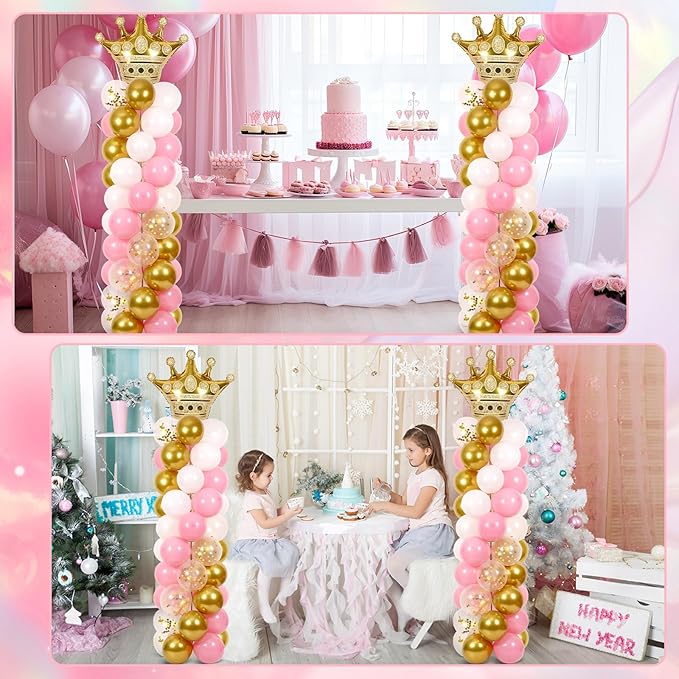 2 Sets Princess Party Balloon Column Stand Kit With 102 Crown Foil Balloons 5.57Ft Adjustable Balloon Tower Stand With Base Pink and Gold Arch Column for Girls Birthday Baby Shower Party Supplies